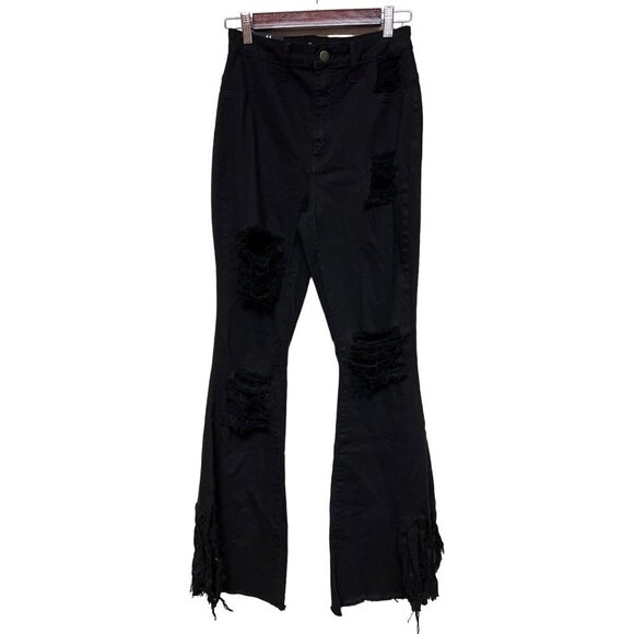 NEW! Fashion Nova Black Bell Bottom Distressed Jeans Women's Size 11 - Picture 1 of 11